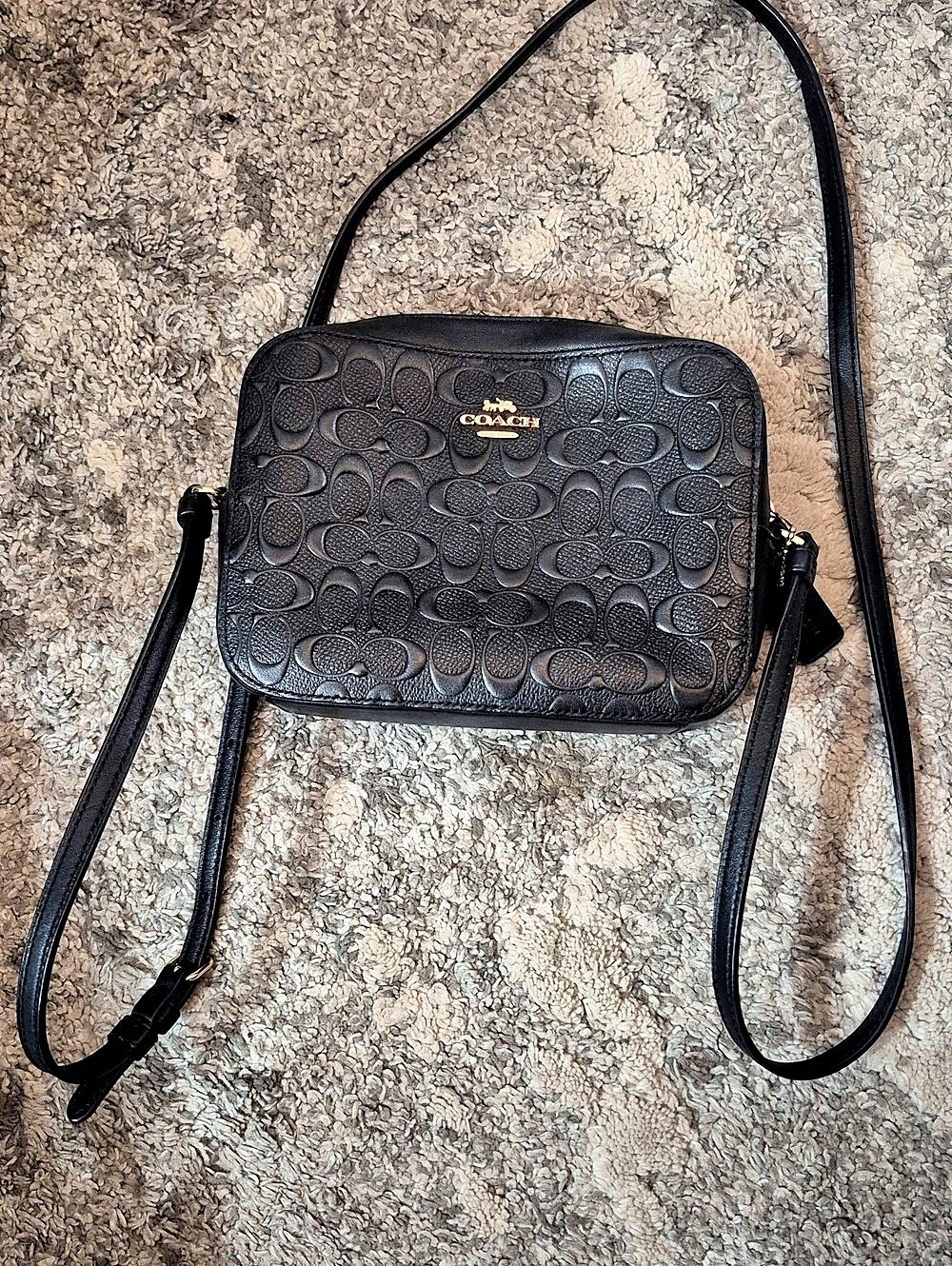 Coach Mini Jamie Camera Bag in Signature Debossed Leather Black Crossbody